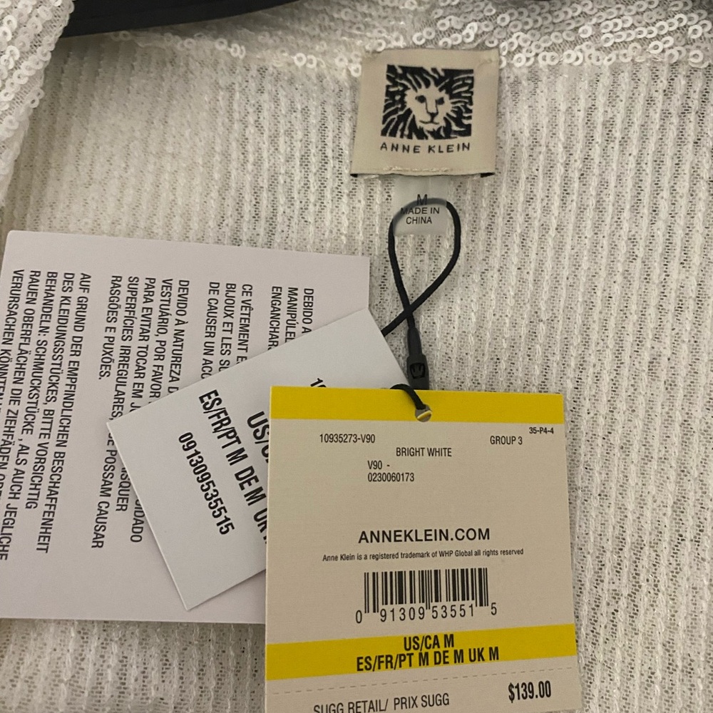 Anne Klein Bright White Sequin Hi-Lo Cardigan, 3/4 Ruched Neck. - Picture 2 of 5